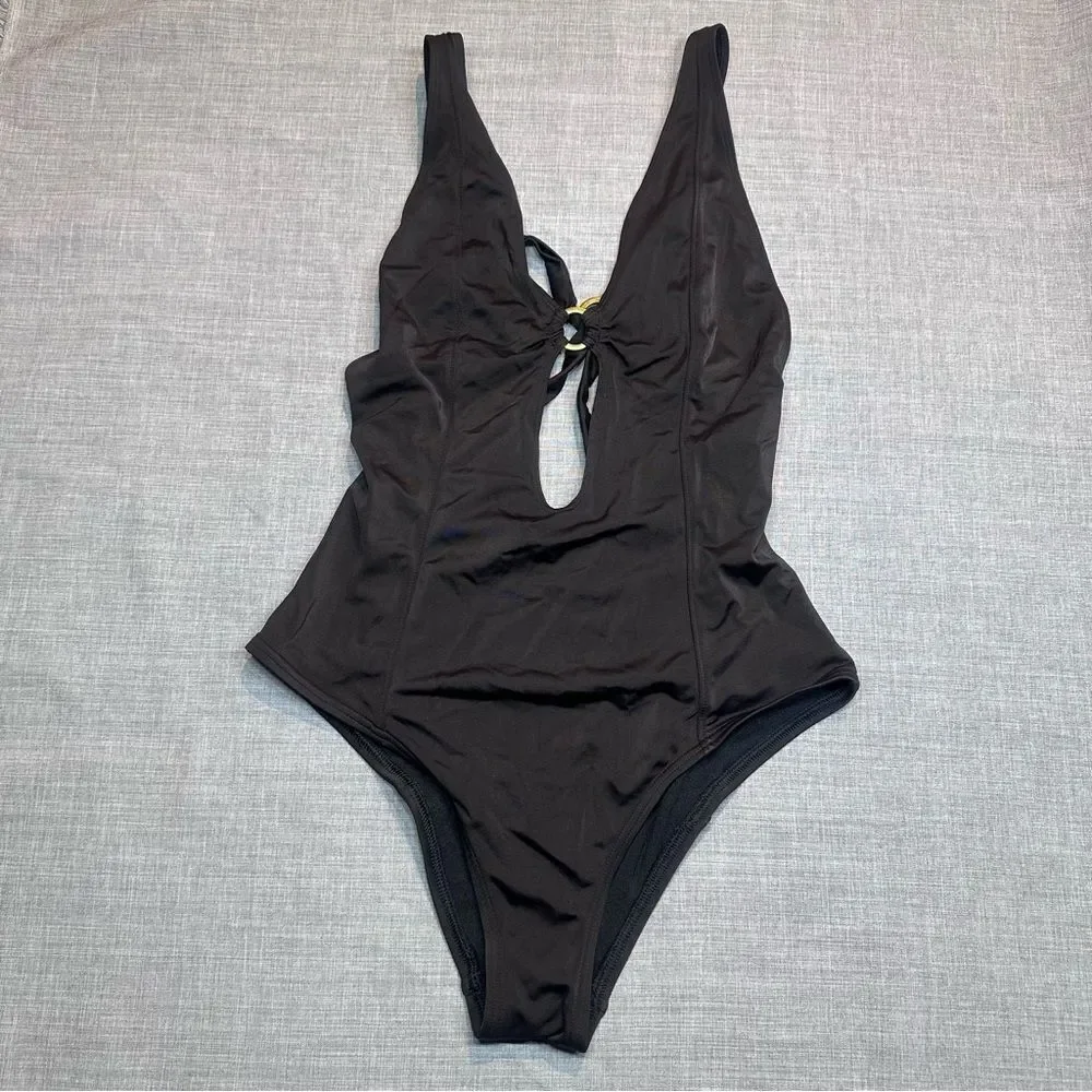 UO Under the Sun Strappy Ring The Alarm One-Piece Swimsuit in Brown Size S